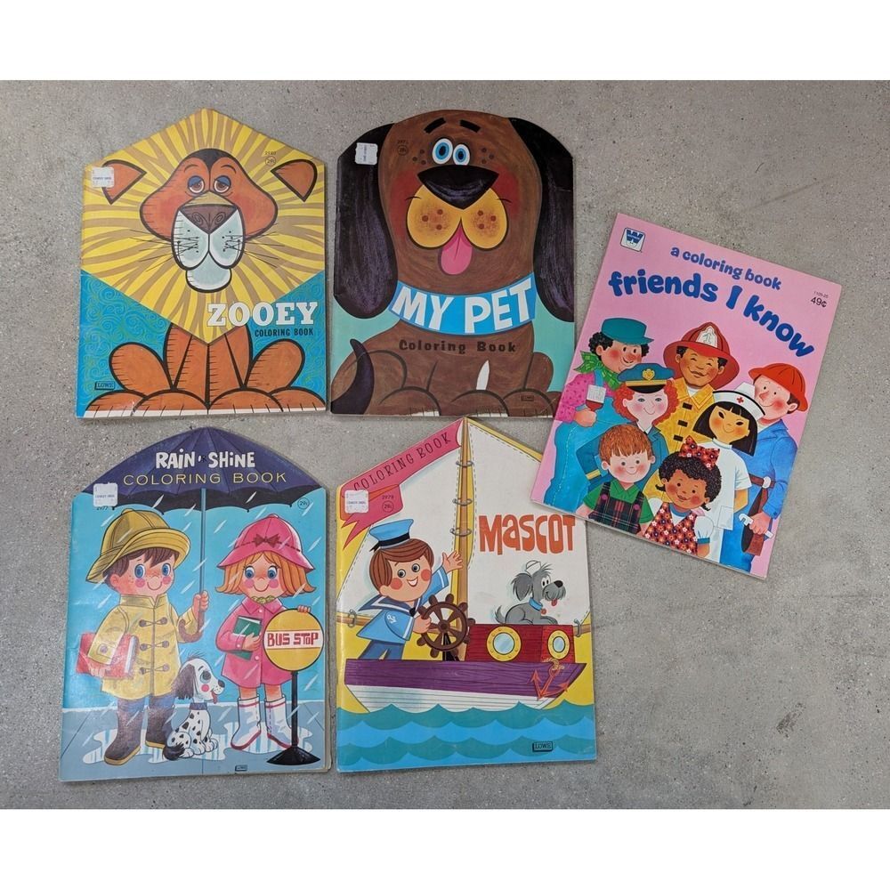 Lot of 5 Vintage 1960s 1970s Coloring Books Samuel Lowe Whitman-Mostly Unused